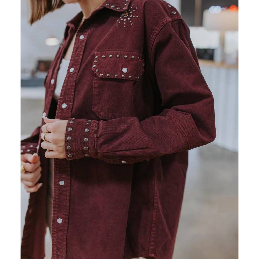 NEW RE/DONE upcycled corduroy shirt with studs in burgundy